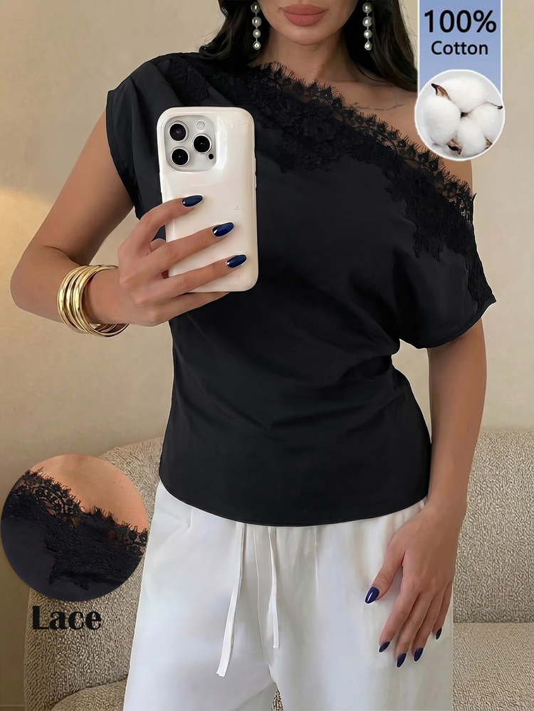 Firerie Women's Black Summer Elegant Brunch Asymmetric Neckline Ruched Satin Shoulder Blouse, Lace Trim Collar Top, Oblique Shoulder, Daily Commute Work - Black - View 3