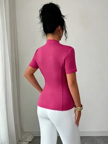 Elenzga Women's Fashionable Elegant Solid Color Minimalist Short Sleeve T-Shirt Office Magenta Summer - Hot Pink - View 2