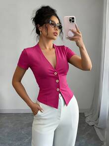 Elenzga Women's Fashionable Elegant Solid Color Minimalist Short Sleeve T-Shirt Office Magenta Summer - Hot Pink - View 1