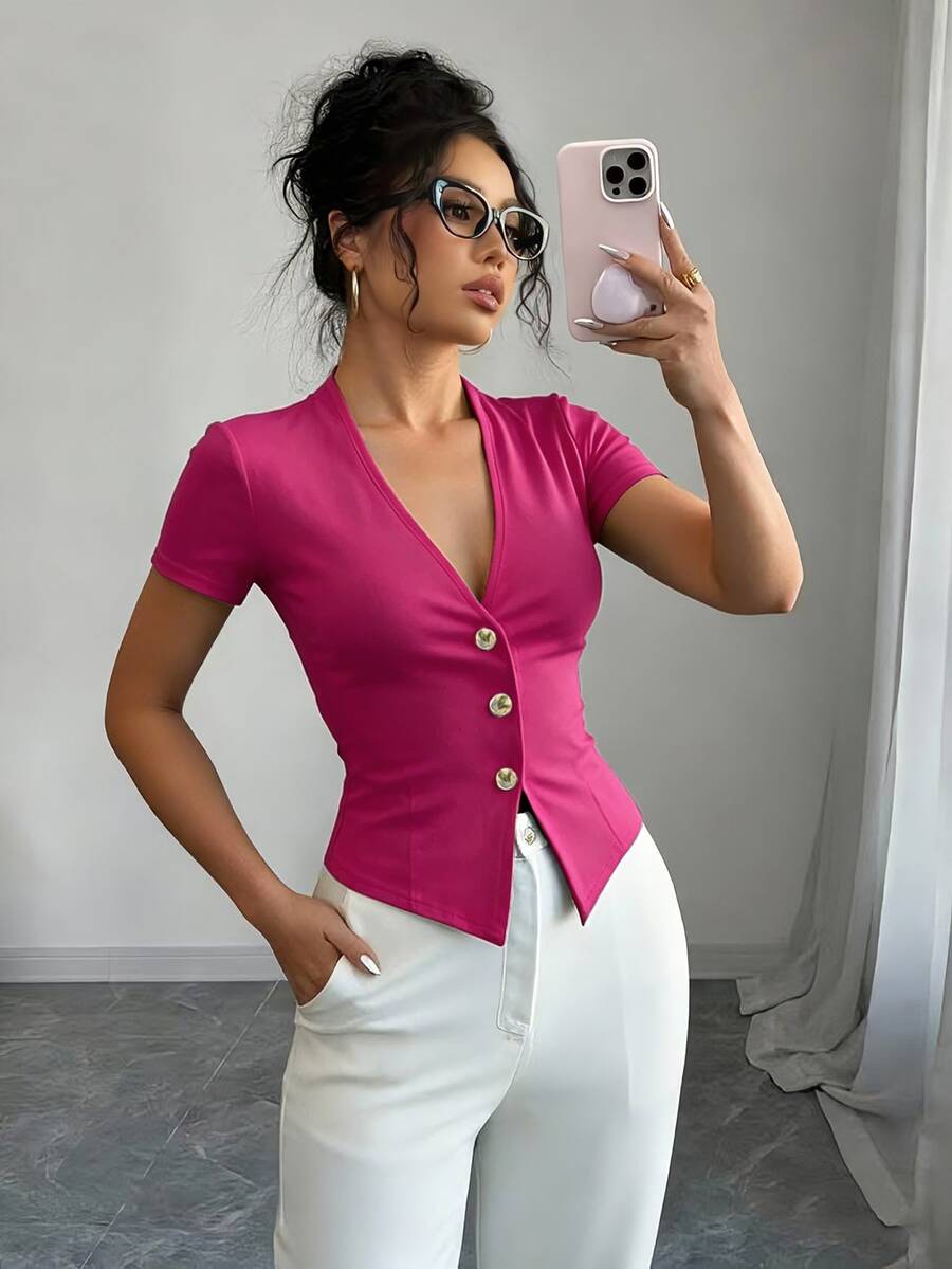 Elenzga Women's Fashionable Elegant Solid Color Minimalist Short Sleeve T-Shirt Office Magenta Summer - Hot Pink - View 1