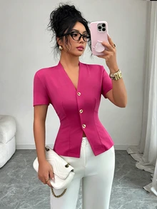 Elenzga Women's Fashionable Elegant Solid Color Minimalist Short Sleeve T-Shirt Office Magenta Summer - Hot Pink - View 3