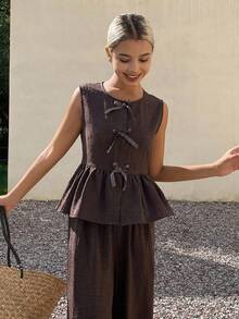 Dazy Kids Sleeveless Top With Pleated Design + Straight Leg Pants, Shirt Set For Teen Girls - Brown - View 4