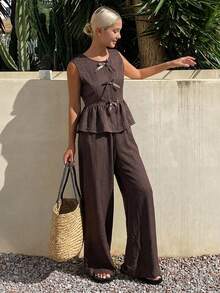 Dazy Kids Sleeveless Top With Pleated Design + Straight Leg Pants, Shirt Set For Teen Girls - Brown - View 5
