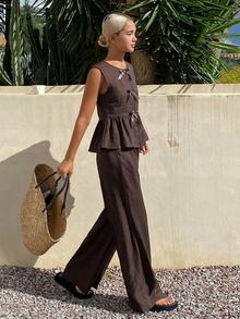 Dazy Kids Sleeveless Top With Pleated Design + Straight Leg Pants, Shirt Set For Teen Girls - Brown - View 6