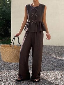 Dazy Kids Sleeveless Top With Pleated Design + Straight Leg Pants, Shirt Set For Teen Girls - Brown - View 3