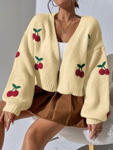 SHEIN Unity Women's Cherry Pattern Casual Daily Outing Cardigan - Yellow - View 4
