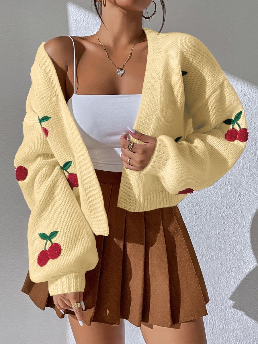 SHEIN Unity Women's Cherry Pattern Casual Daily Outing Cardigan - Yellow - View 1