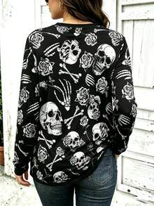 SHEIN LUNE 萬聖節與亡靈節系列：黑白骷髏圖案玫瑰花瓣印花長袖 - 杏色 - 查看 2