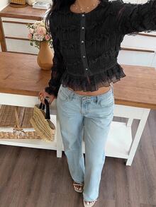 Serisse Women's Lace Ruffle Casual Versatile Daily Wear Blouse - Black - View 6