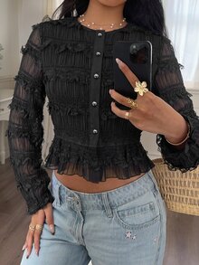 Serisse Women's Lace Ruffle Casual Versatile Daily Wear Blouse - Black - View 5