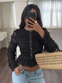 Serisse Women's Lace Ruffle Casual Versatile Daily Wear Blouse - Black - View 3