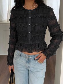 Serisse Women's Lace Ruffle Casual Versatile Daily Wear Blouse - Black - View 8