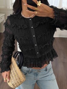 Serisse Women's Lace Ruffle Casual Versatile Daily Wear Blouse - Black - View 4