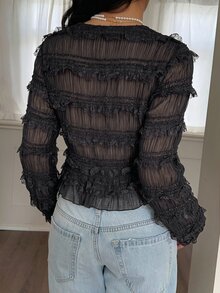 Serisse Women's Lace Ruffle Casual Versatile Daily Wear Blouse - Black - View 2