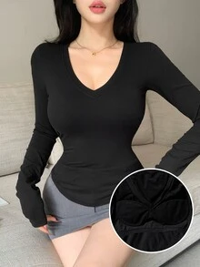 Joudiya Women's V-Neck Slim Fit Versatile Daily Long Sleeve T-Shirt - Black - View 1
