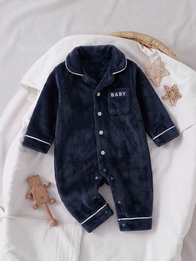 SHEIN Kids Kids Newborn Thick Fleece Contrast Trim Open Front Embroidered Pocket Double-Sided Plush Fabric Suitable For Winter Autumn