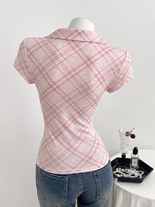 Elamini 女款休閒學院風 Y2K 粉色格紋簡約翻領修身短袖 T-shirt，適合日常約會夏季穿著 - 粉色 - 查看 2
