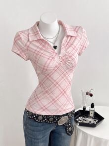 Elamini 女款休閒學院風 Y2K 粉色格紋簡約翻領修身短袖 T-shirt，適合日常約會夏季穿著 - 粉色 - 查看 5