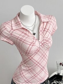 Elamini 女款休閒學院風 Y2K 粉色格紋簡約翻領修身短袖 T-shirt，適合日常約會夏季穿著 - 粉色 - 查看 4