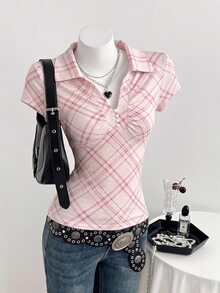 Elamini 女款休閒學院風 Y2K 粉色格紋簡約翻領修身短袖 T-shirt，適合日常約會夏季穿著 - 粉色 - 查看 3
