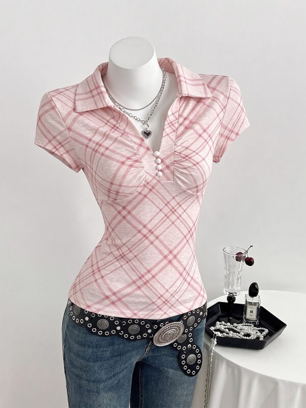 Flirla Camiseta de manga corta ajustada con cuello para mujer, estilo casual preppy Y2K, a cuadros rosas, minimalista, para uso diario, citas y verano
