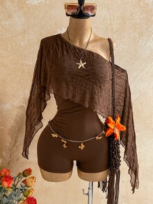 Soleia Asymmetrical Neck Ruffle Trim Romper Without Belt - Brown - View 6