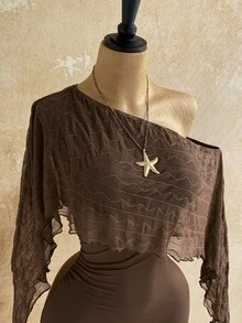 Soleia Asymmetrical Neck Ruffle Trim Romper Without Belt - Brown - View 7
