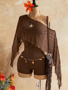 Soleia Asymmetrical Neck Ruffle Trim Romper Without Belt - Brown - View 5