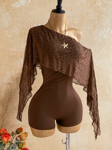 Soleia Asymmetrical Neck Ruffle Trim Romper Without Belt - Brown - View 8