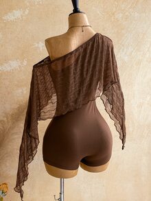 Soleia Asymmetrical Neck Ruffle Trim Romper Without Belt - Brown - View 2
