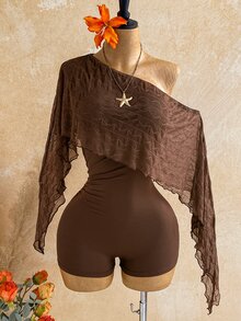 Soleia Asymmetrical Neck Ruffle Trim Romper Without Belt - Brown - View 4