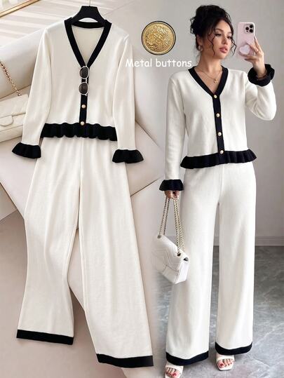SHEIN Franclia Conjunto de 2 piezas para mujer con cárdigan de punto de cuello en V, abotonado simple y volantes, con pantalones de pierna recta en color contrastante