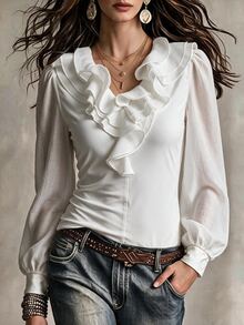 SHEIN ملابس علوية نسائية للخريف/الشتاء مريحة بياقة على شكل حرف V وتصميم طبقات مكشكشة بأسلوب القصر أنيقة عتيقة من الصوف المحبوك مع شبكة متباينة وأكمام طويلة - أبيض - مشاهدة 8