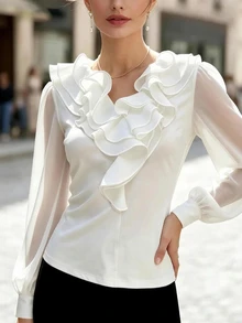SHEIN ملابس علوية نسائية للخريف/الشتاء مريحة بياقة على شكل حرف V وتصميم طبقات مكشكشة بأسلوب القصر أنيقة عتيقة من الصوف المحبوك مع شبكة متباينة وأكمام طويلة - أبيض - مشاهدة 6