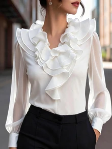 SHEIN ملابس علوية نسائية للخريف/الشتاء مريحة بياقة على شكل حرف V وتصميم طبقات مكشكشة بأسلوب القصر أنيقة عتيقة من الصوف المحبوك مع شبكة متباينة وأكمام طويلة - أبيض - مشاهدة 2