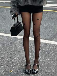 Dazy Kids Teen Girl Rhinestone Bow Decor Mesh Leggings - Black - View 3