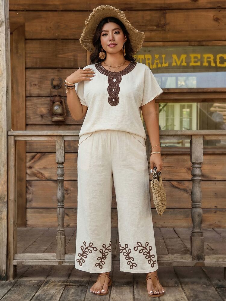 SHEIN LUNE Plus Size Contrast Color Short Sleeve Top And Elastic Waist Pants Casual Formal Boho 2 Pieces Set Valentine's Day Vacation Carribean Beige Summer - Apricot - View 5