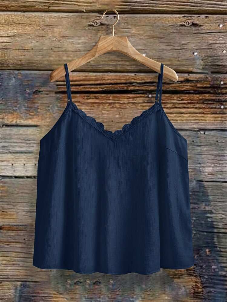 SHEIN VCAY Plus Size Women's Solid Color V-Neck Ruffle Loose Camisole Tank Top, Summer Bohemian Style, Casual Romantic - Navy Blue - View 4