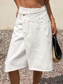 DAZY Women's Casual Solid Color Asymmetric Hem Denim Mini Skirt Autumn Vacation All White - White - View 3