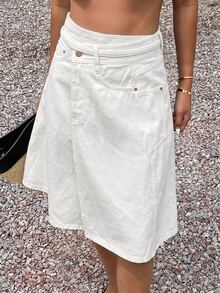 DAZY Women's Casual Solid Color Asymmetric Hem Denim Mini Skirt Autumn Vacation All White - White - View 6