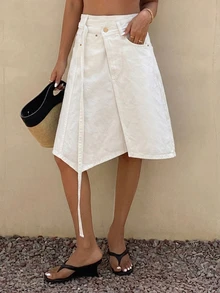 DAZY Women's Casual Solid Color Asymmetric Hem Denim Mini Skirt Autumn Vacation All White - White - View 4