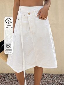 DAZY Women's Casual Solid Color Asymmetric Hem Denim Mini Skirt Autumn Vacation All White - White - View 1