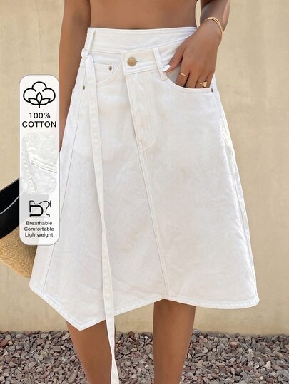 DAZY Women's Casual Solid Color Asymmetric Hem Denim Mini Skirt Autumn Vacation All White