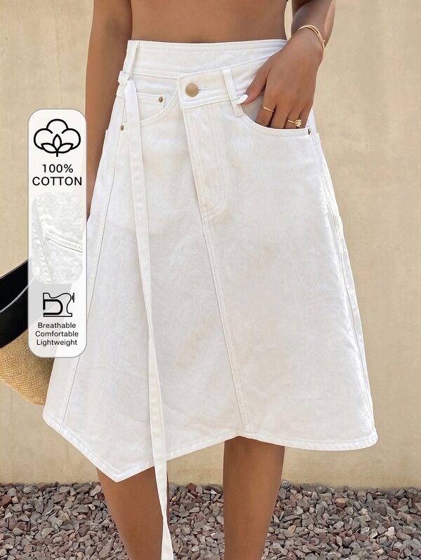 DAZY Women's Casual Solid Color Asymmetric Hem Denim Mini Skirt Autumn Vacation All White