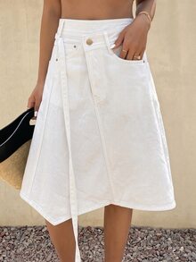 DAZY Women's Casual Solid Color Asymmetric Hem Denim Mini Skirt Autumn Vacation All White - White - View 5