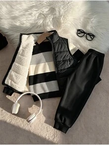 Baby Boy Cute Autumn/Winter Thermal Lined Versatile Vest, Striped Sweatshirt And Long Pants 3-Piece Set - Black - View 4