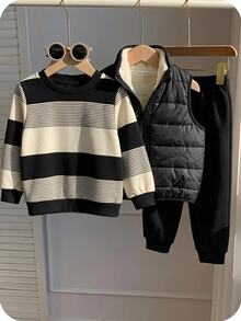 Baby Boy Cute Autumn/Winter Thermal Lined Versatile Vest, Striped Sweatshirt And Long Pants 3-Piece Set - Black - View 5