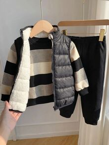 Baby Boy Cute Autumn/Winter Thermal Lined Versatile Vest, Striped Sweatshirt And Long Pants 3-Piece Set - Black - View 3
