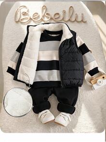 Baby Boy Cute Autumn/Winter Thermal Lined Versatile Vest, Striped Sweatshirt And Long Pants 3-Piece Set - Black - View 1