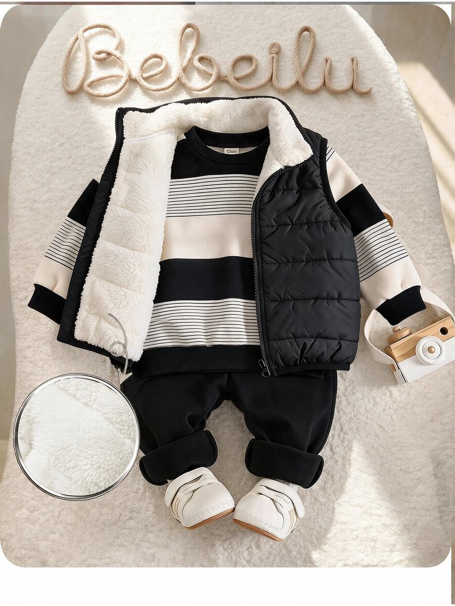 Baby Boy Cute Autumn/Winter Thermal Lined Versatile Vest, Striped Sweatshirt And Long Pants 3-Piece Set - Black - View 1